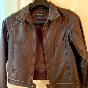 Chocolate brown Moto leather jacket.